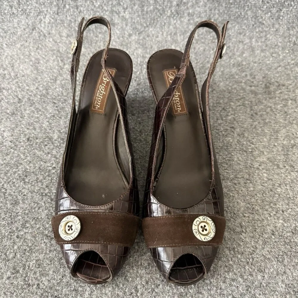 Brighton Nigel Croc Embossed Leather Slingback Wedge Heel Peep Toe Italy 9 N